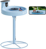 Smart Bird Bath, equipped with a camera, solar power supply, fountain and stand. It features a dual-lens camera for bird observation, automatically captures bird videos and has motion detection functionality.