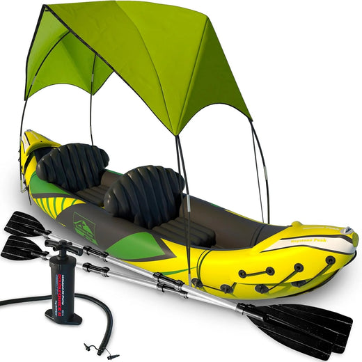 Inflatable Kayak 2 Person with Sun Canopy (Detachable) Kayaks for Adults 3rd Seat for Dog/Child Waterproof Phone Bags Adjustable Seats Kayak Backrests & More New 2024 Yellow Green