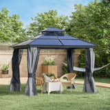 10 feet x 12 feet hard-top awning canopy, polycarbonate roof, aluminum frame, permanent outdoor awning, with net cover, suitable for patios, gardens, backyards, terraces, lawns, grasslands, light gray. image 2
