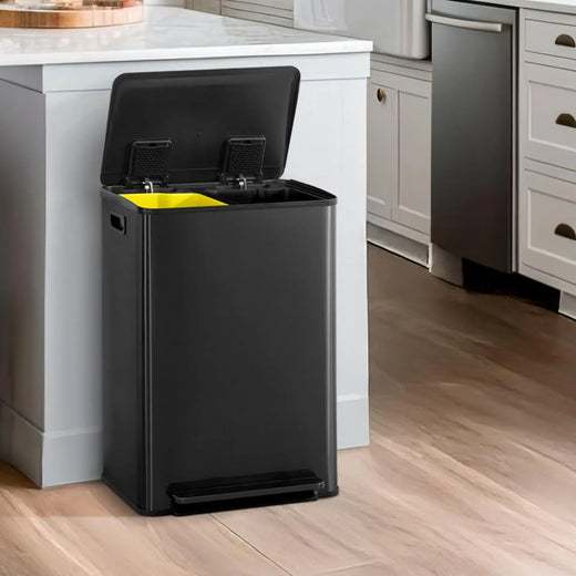 CAPHAUS Dual Trash Can with Double Lid, Trash and Recycle Bins Combo, Hands-free Stainless-Steel Garbage Can for Kitchen, with 2 Compartment, Hinged Lid, Odor Filters, Handles, 25L 25L, 2 x 6.6 Gallon