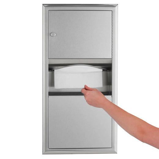 Wall-mounted tissue dispenser and waste paper storage box. Mirror-polished stainless steel material. 2-gallon capacity. Can hold 350 single-layer or 475 multi-layer tissues. Easy to install. Suitable for commercial bathrooms.