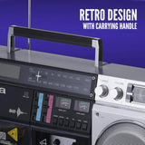 Retro-style portable CD player, featuring tape recording function, Bluetooth 5.0 technology, FM/AM radio, USB/SD/AUX input interfaces, VU meter, LCD display, dual 40-watt speakers - silver image 2