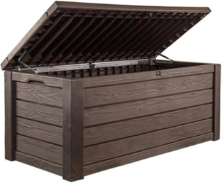 Outdoor storage deck box, 150-gallon resin deck storage box and bench, with wood-grain design, in brown color scheme