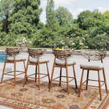 Outdoor Bar Stools Set of 2,Rattan Barstools Woven,29'' Bar Height Stools with Backrest and Teak Leg,Aluminum Bar Chairs Boho Bar Stool with Cushions,Tall Barstool for Patio,Teak image 2