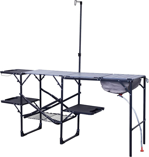 Outdoor chef station | Portable folding kitchen table, equipped with a soft-shell sink, heat-resistant tabletop and telescopic lamp pole, ideal for camping trips