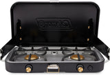 The 1900 series three-in-one propane camping stove, featuring a cast iron grill and frying pan accessories, has a power output of 24000 watts. It is equipped with an adjustable flame cover and excellent lighting device, and comes with two adjustable