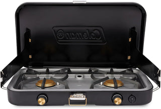 The 1900 series three-in-one propane camping stove, featuring a cast iron grill and frying pan accessories, has a power output of 24000 watts. It is equipped with an adjustable flame cover and excellent lighting device, and comes with two adjustable