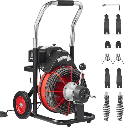 Drain Cleaner Machine 100FT x 1/2 Inch, Auto Feed Sewer Snake Auger on Wheels, 550W Portable Drain Cleaning Machine with 8 Cutters & Air-activated Foot Switch for 2" to 4" Pipes