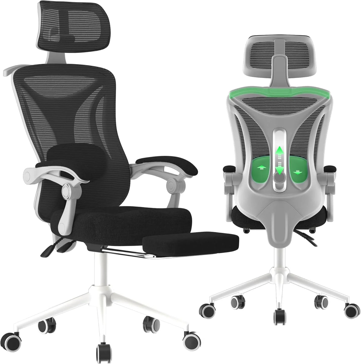 Ergonomic Office Chair - Adjustable Lumbar & Headrest, 90-160° Reclining with Footrest, Breathable Mesh Back - Home Office/Gaming Computer Chair (Black, 300lbs Capacity)