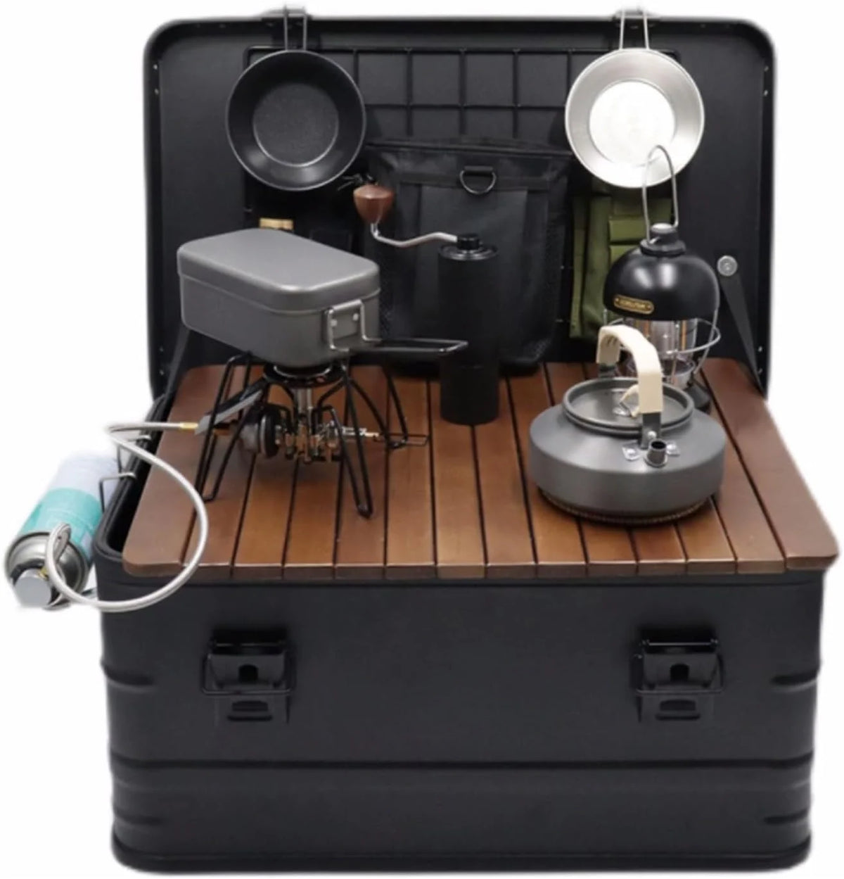 Camping box - Waterproof outdoor metal storage box, 47 liters, portable RV box, equipped with a wooden table and a set of 3 storage bags, large capacity storage box