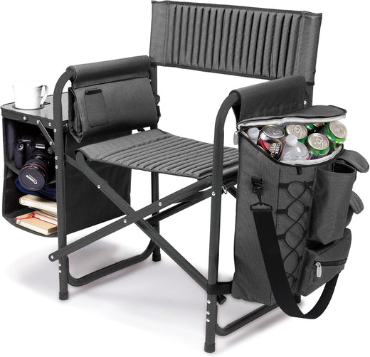 The "Picnic Time" brand's outdoor folding chairs with a unique design feature a grey base and a black frame. The dimensions are 33 x 7 x 21.