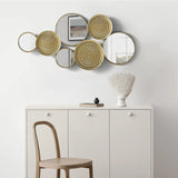 Home decoration metal wall ornaments, a mirror with multiple circular lenses, large modern wall art sculptures for decoration, suitable for living rooms, offices, and bedrooms. Dimensions: 45.3 x 1.9 x 21.6 inches. Made of gold material. image 4