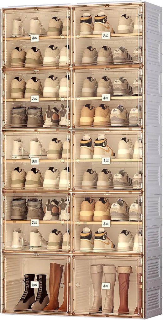 Portable shoe rack organizer, suitable for the entrance of the closet, stackable storage cabinet for sports shoes, shoe cabinet with magnetic transparent doors, large plastic storage container box (with lid), with 5 layers, can hold 20 pairs of shoes