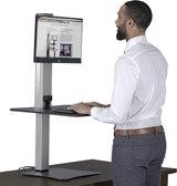 High-position electric triple monitor adjustable desk | Sit-stand dual-purpose work desk for three screens | 28-inch wide work surface | Compatible with any standard desktop | Adjustable monitor stand image 2