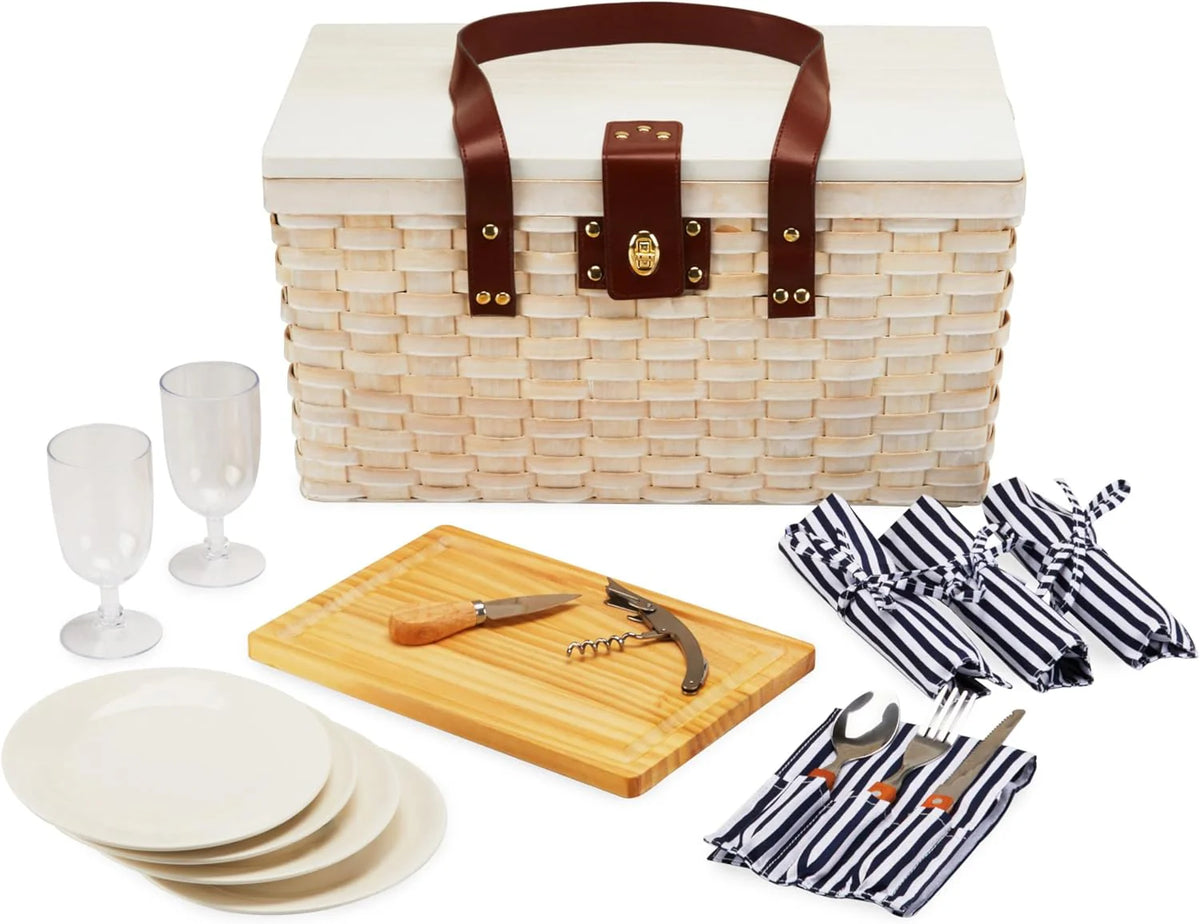 Outdoor picnic basket (with lid and handle), four-person picnic basket (including accessories) picnic equipment set (28-piece set)