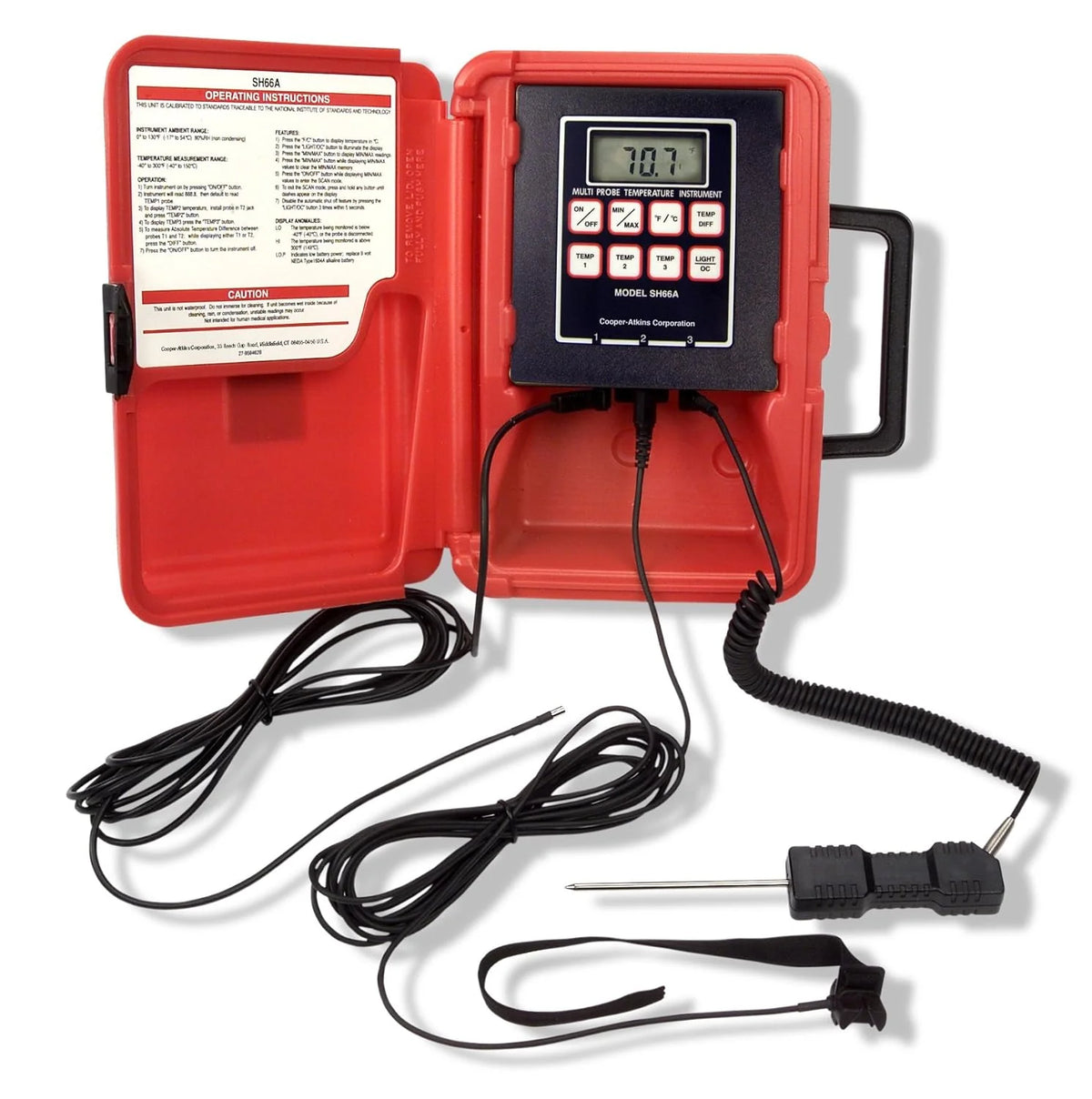 A thermoresistance thermometer with a liquid crystal display, in a red color, with a temperature range of -40°F to 300°F.