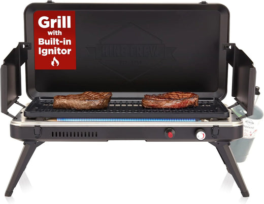 Gas camping barbecue grill | 13,000 watts | Portable liquefied gas burner | Foldable legs and feet | Integrated igniter and built-in regulator (with stainless steel drip tray) | Windproof panel and built-in handle