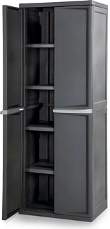 Storage Cabinet, Rugged Plastic Garage Organizer with Double Doors, 4 Adjustable Shelves, Gray image 4