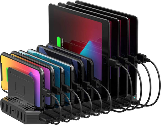 A charging interface station with 10 USB fast charging ports and adjustable partitions, suitable for charging multiple devices such as iPads, iPhones, tablets and mobile phones - 5-piece set, black