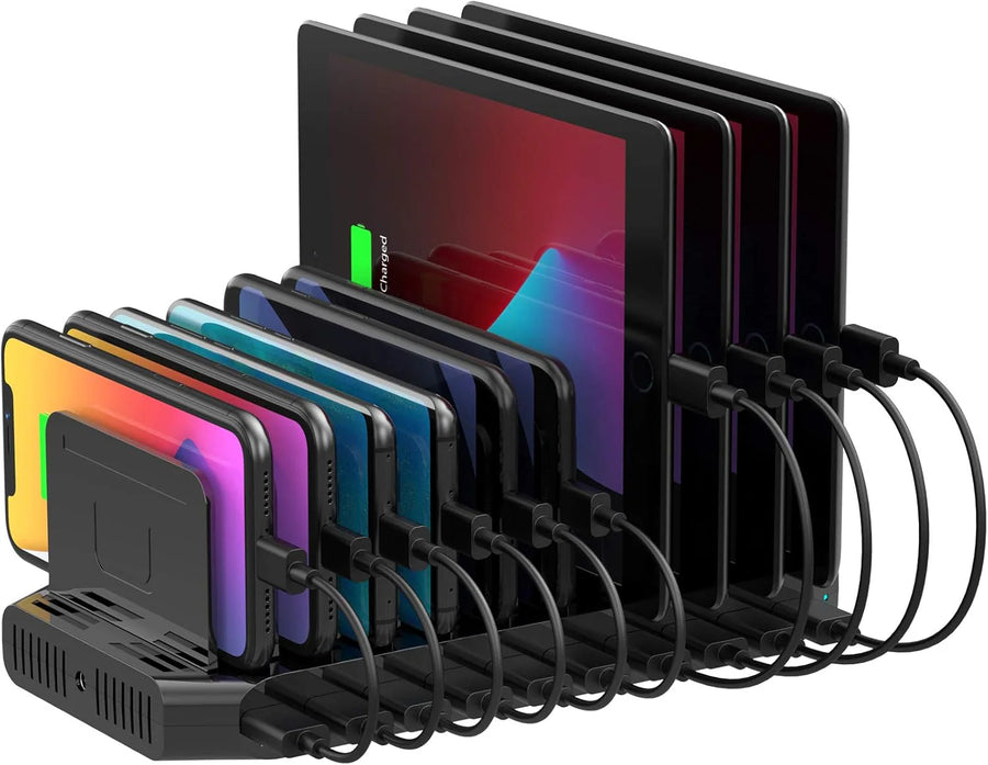 A charging interface station with 10 USB fast charging ports and adjustable partitions, suitable for charging multiple devices such as iPads, iPhones, tablets and mobile phones - 5-piece set, black