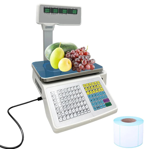 Commercial digital scale, equipped with thermal printer, 4 window vertical double-sided LCD display, capable of printing labels, maximum load capacity of 66 pounds, 110 volts, portable, suitable for storage areas, restaurants, bakeries