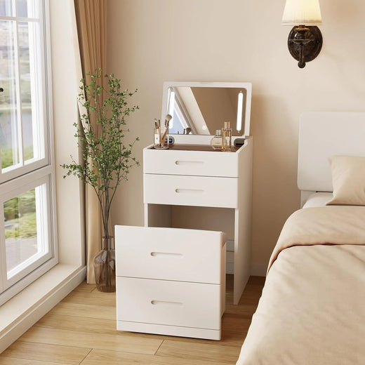 Solid Wood 3 in 1 Vanity Desk with Flip Top Mirror, No Assembly, Compact Vanity with Hidden Chair, Small Makeup Vanity Set with Power Outlet, Dressing Table for Bedroom, White