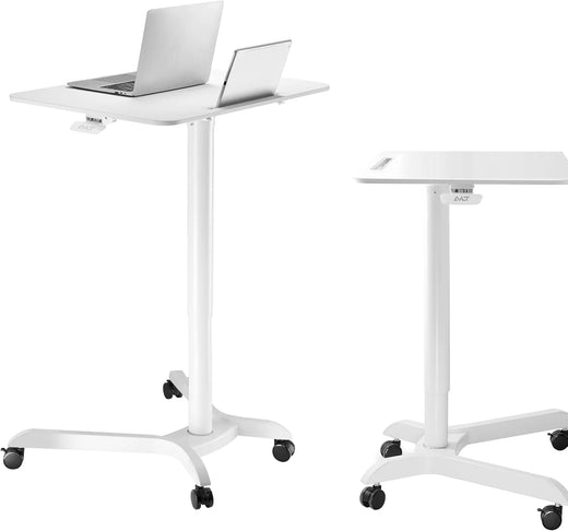Portable laptop desk cart (3 feet 8 inches) - Mobile rolling desk - Computer projector cart - Adjustable height foldable mobile folding table - White mobile frame with brake wheels