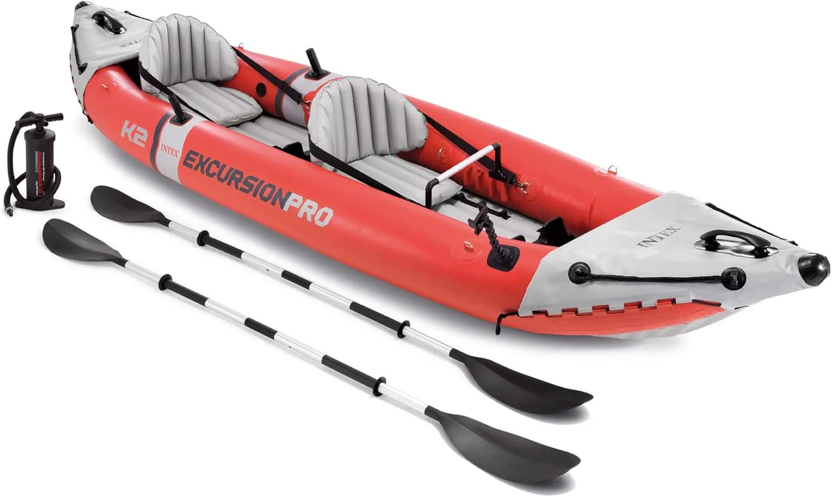 68309EP Excursion Pro K2 Inflatable Kayak Set: Includes Deluxe 86in Kayak Paddles and High-Output Pump – SuperTough PVC – Adjustable Bucket Seat – 2-Person – 400lb Weight Capacity