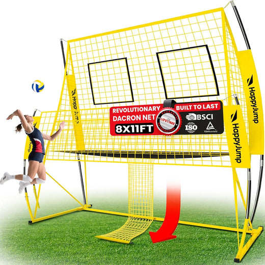 Adjustable volleyball training net equipment system (8x11 feet), suitable for adult outdoor or indoor volleyball practice, equipped with volleyball.