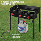 Dual-burner outdoor gas stove | 150,000 British thermal units portable propane stove, with blue flame control, detachable legs, temperature control knob, windproof panel, hose, regulator and storage box image 4