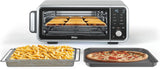 Toaster oven, air fryer, thermometer, toaster-air fryer combo, stainless steel material, quick cooking, french fries, frozen food, air frying, dehydrating, heating, 13 functions, less oil usage, flip-type oven