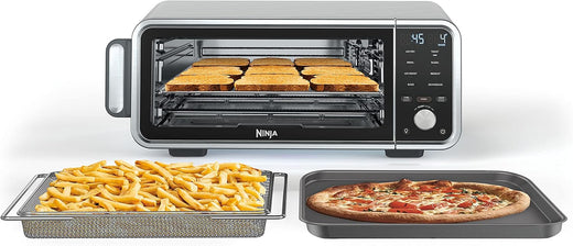 Toaster oven, air fryer, thermometer, toaster-air fryer combo, stainless steel material, quick cooking, french fries, frozen food, air frying, dehydrating, heating, 13 functions, less oil usage, flip-type oven