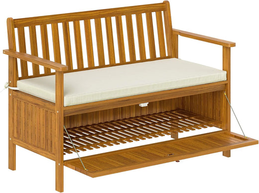 Outdoor bench with storage box, 28-gallon outdoor storage bench, garden seat made of rosewood with cushion, suitable for parks, balconies, and terraces, double-person outdoor furniture, made of teak material