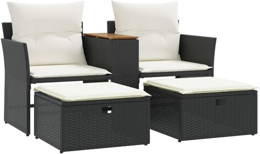 Multi-functional balcony sofa (for two people, with sunshade) - Black polyester wicker double-seat sofa, with built-in table, stool and washable cushion