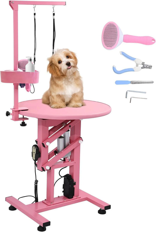 Electric Hydraulic Lift Pet Dog Grooming Table, 24Inch 360° Rotating Grooming Desktop for Small Dogs, with Overhead Arm, Wireless Remote, Tool Organizer, Black