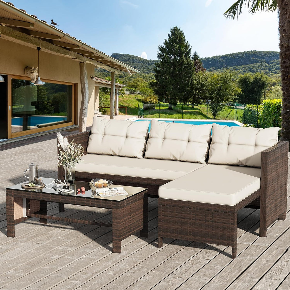 Outdoor Patio Furniture Sets, Wicker Patio sectional Sets 3-Piece, All Weather Wicker Rattan Patio Seating Sofas with Glass Coffee Table and Cushion (Beige)