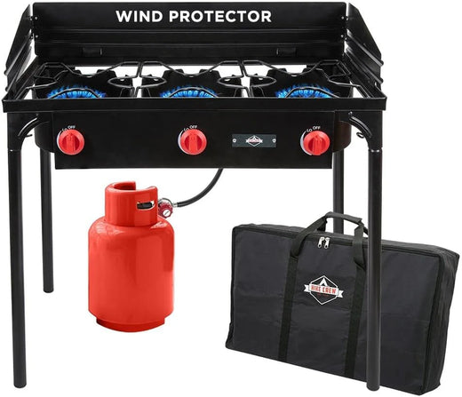 Dual-burner outdoor gas stove | 150,000 British thermal units portable propane stove, with blue flame control, detachable legs, temperature control knob, windproof panel, hose, regulator and storage box