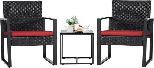 3 Pieces Patio Set Outdoor Wicker Furniture Sets Modern Rattan Chair Conversation Sets with Coffee Table for Yard and Bistro (Black)