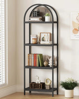 Yusong Bookshelf Rattan Arched Bookcase, 74" Tall Industrial Open Book Shelves for Living Room, Modern Freestanding Boho 5 Tier Display Storage Rack with Metal Frame, Office, Bedroom, Burlywood image 2