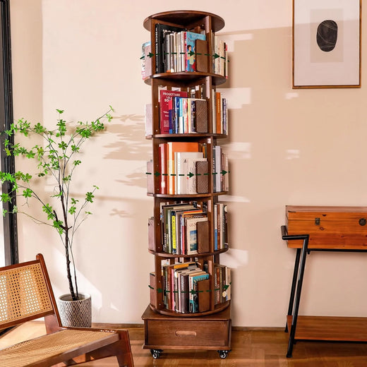 Solid wood rotating bookshelf, 360° display cabinet, with 1 drawer, rotating bookshelf tower with wheels, 72-inch high bookcase suitable for small spaces, rotating bookshelf for home office, walnut finish