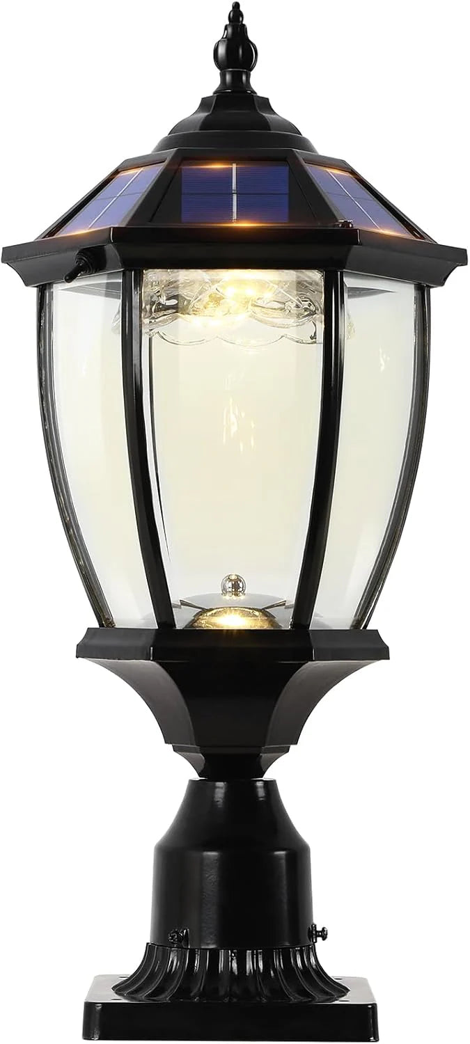2-Heads Outdoor Solar Lamp Post Lights with Dusk to Dawn Sensor, Classic Exterior Solar Pole Lights with Waterproof, Black Street Lights with Clear Glass for Garden, Patio, Pathway, Driveway