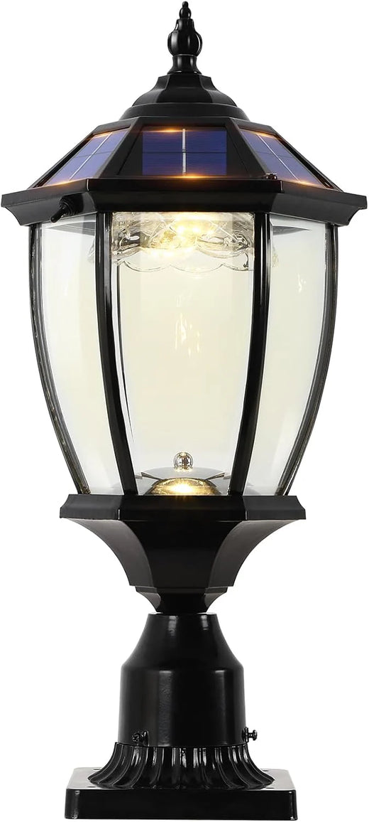 2-Heads Outdoor Solar Lamp Post Lights with Dusk to Dawn Sensor, Classic Exterior Solar Pole Lights with Waterproof, Black Street Lights with Clear Glass for Garden, Patio, Pathway, Driveway