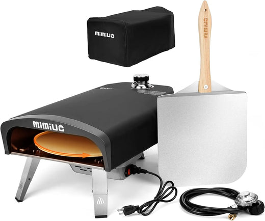 Outdoor gas pizza oven, portable propane pizza grill, equipped with an automatic rotation system and pizza stone