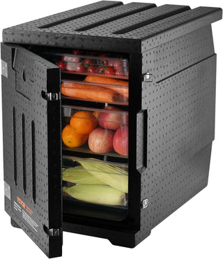 Food tray transportation box, 95-gallon insulated box for the catering industry, LLDPE food tray box with double clasps, front-mounted food heater with handle, suitable for stacking end loaders in restaurants, canteens, etc. black