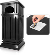 Outdoor trash bin top tray matte black stainless steel commercial waste storage box with lock cover. Heavy-duty industrial garden garage garbage container, dimensions: 35.5 * 15.8 * 15.8 inches.