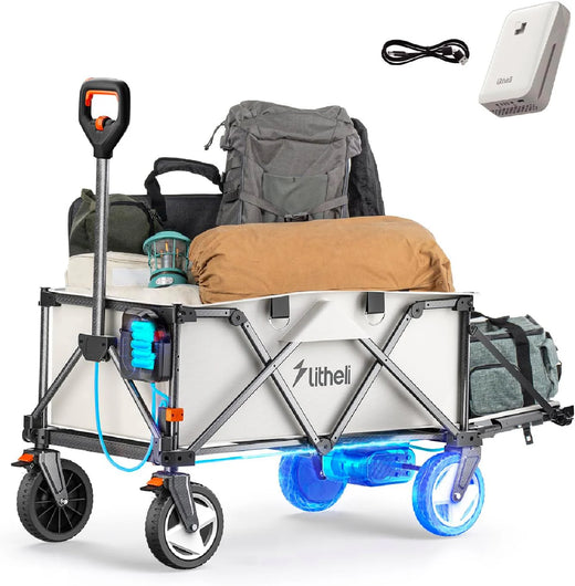 Utility truck, with a capacity of 200 liters and a load capacity of 300 pounds, featuring a foldable heavy-duty design, equipped with all-terrain wheels, featuring variable speed drive and battery power functions, suitable for camping, beaches, garde