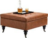 Square leather footstool with storage function, coffee table-style footstool with soft padded raised buttons, equipped with wheels, polyurethane leather high-density sponge, suitable for living room, dormitory, bedroom, in brown color scheme.