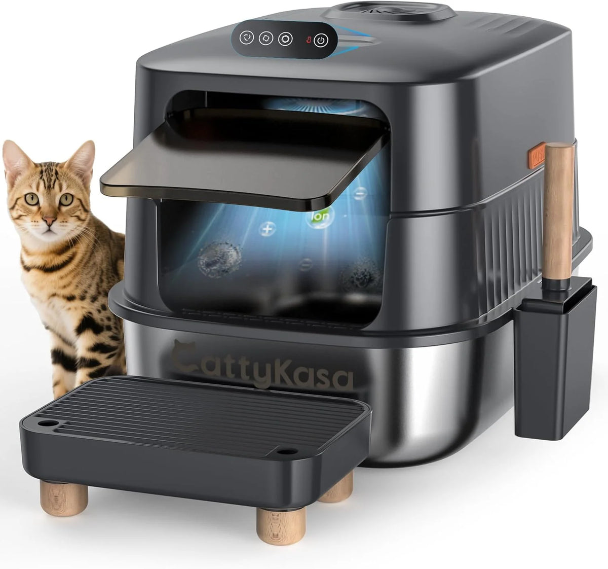 Stainless steel litter box, three-in-one enclosed high-sided litter box, equipped with a high lid, suitable for cats, anti-stick, anti-leak, easy to clean, with a scoop and filter step.