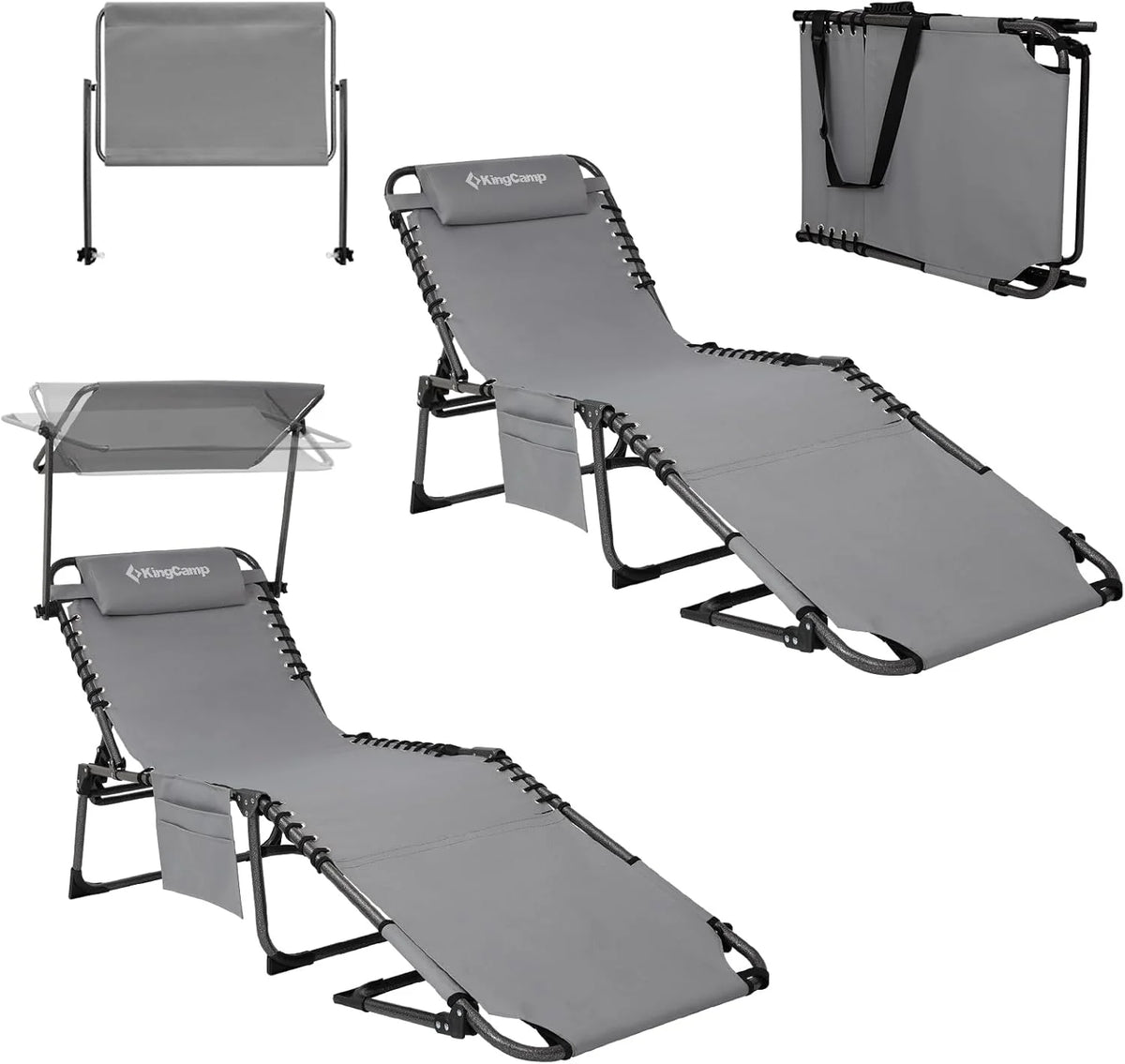 2-Seater Sun Chair with Facial Opening, Outdoor Foldable Portable Lounge Chair, Adjustable Five-Legged Folding Chair, With Sunshade, Suitable for Outdoor Beach, Gray Version