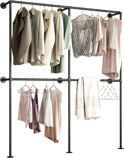 Industrial-style wall-mounted pipe clothes hanger, wall-mounted clothes hanger with double hanging rods, for closet storage (gold)